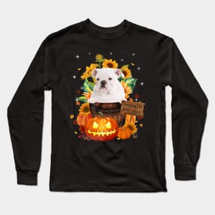 White English Bulldog Halloween Pumpkin Fall Bucket Long Sleeve T-Shirt